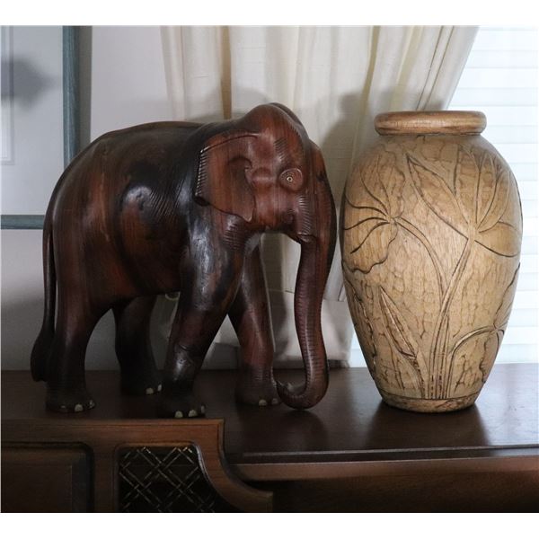 Pair of Carved Wooden Decorative Objects: Elephant and Botanical Vase