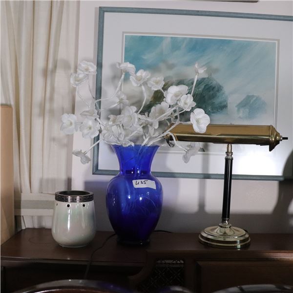 Group of Three Decorative Objects: Banker’s Lamp, Electric Wax Warmer, and Blue Glass Vase