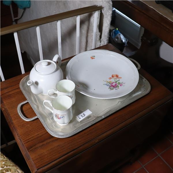 Silver-Plated Tray with Four Pieces of Floral China Tableware