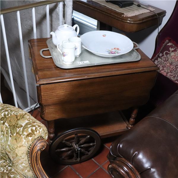Colonial Revival Hardwood Tea Cart with Drop Leaves and Wagon Wheels