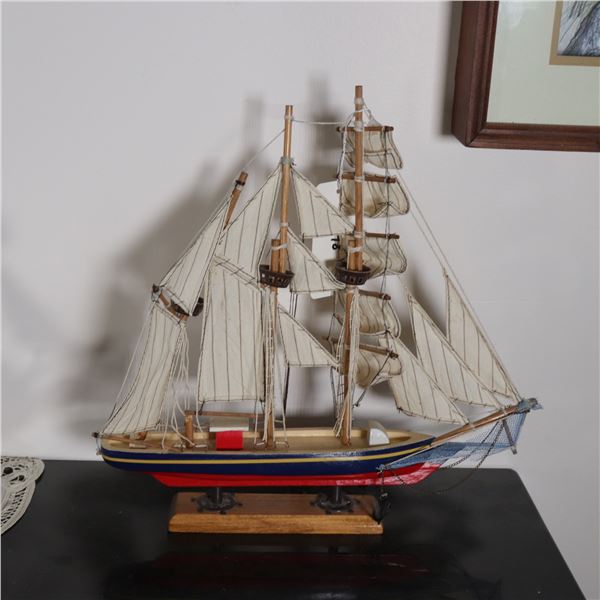 Painted Wooden Rigged Model of a Two-Masted Sailing Ship on Plinth