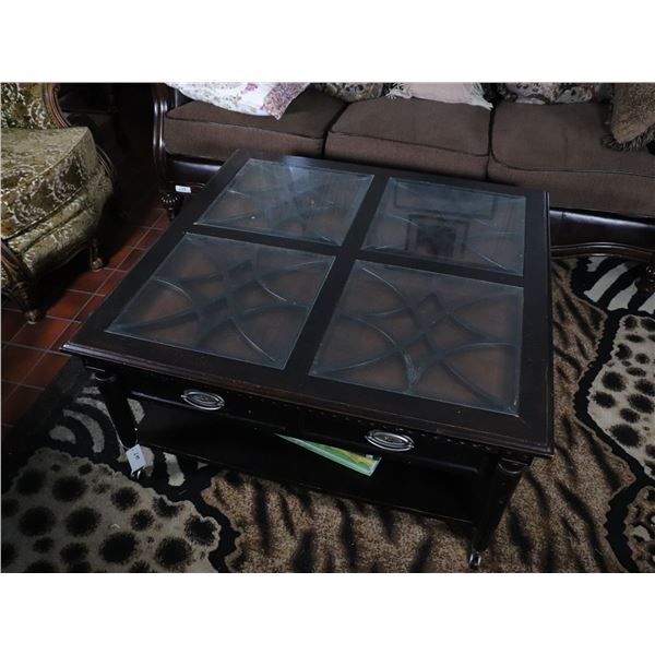 Traditional Glass-Top Coffee Table with Drawers and Casters