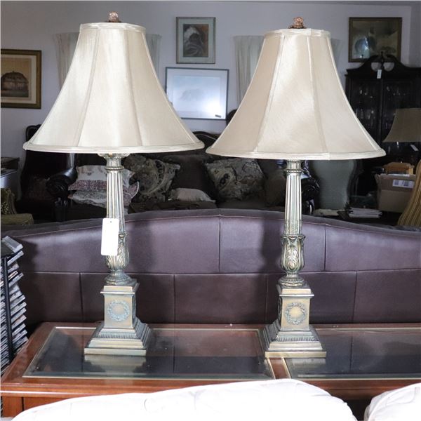 Pair of Neoclassical Style Cast Metal Column Table Lamps with Bell Shades, c. 1950–1980