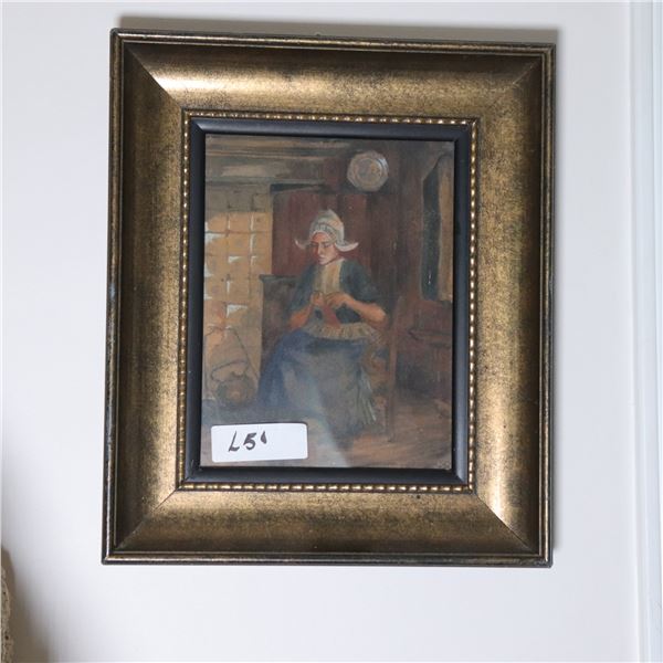 Framed Continental Genre Painting of a Woman Knitting, c. 1880–1920