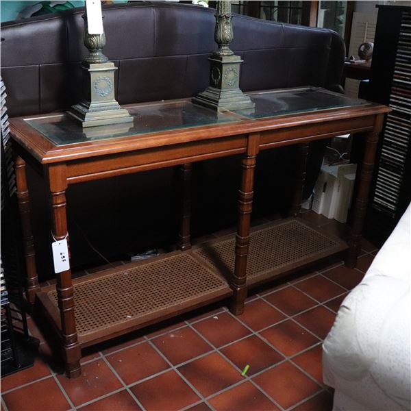 Glass-Top and Caned Shelf Sofa or Hall Table