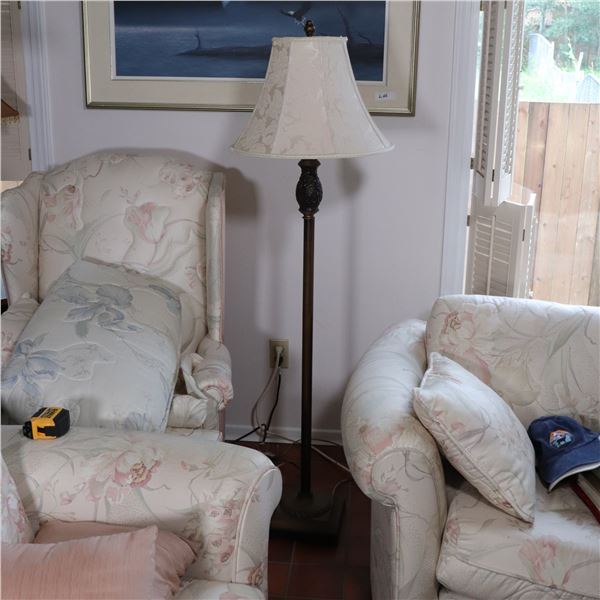 Ornate Classical Revival Metal Floor Lamp with Damask Shade, c. 1960–1990