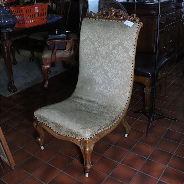 Victorian-Style Carved Walnut Slipper Chair with Damask Upholstery