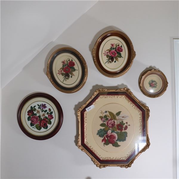 Group of Five Framed Floral Embroideries