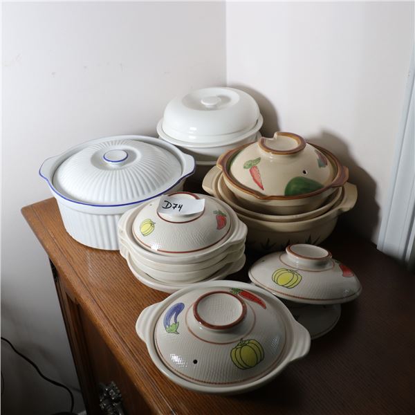 Group of Five Lidded Ceramic Casserole/Serving Vessels - Donabe-Style and Ribbed Casseroles