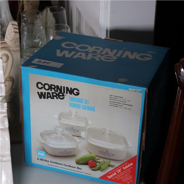 Unopened CorningWare Blue Cornflower A-300 Three-Piece Lidded Casserole Set, Original Box