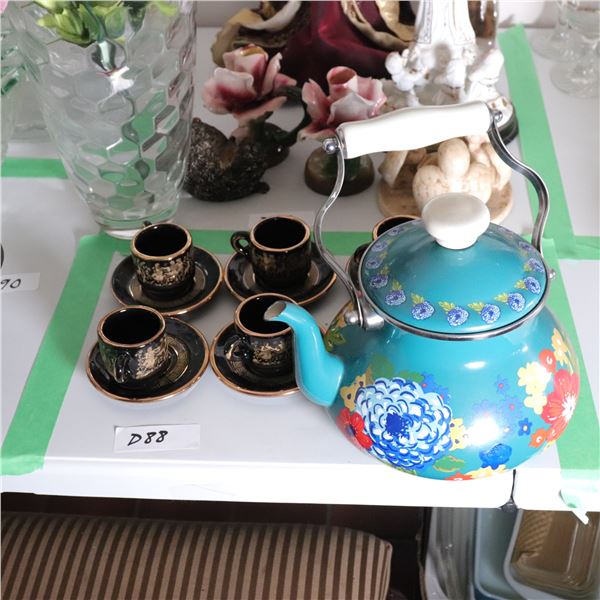 Set of Enamel Floral Teapot and Four Gilt Black Cup-and-Saucer Pairs, Likely Mid-Late 20th Century