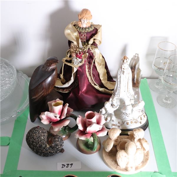 Group of Eight Decorative Objects Including Porcelain Figurine, Candlesticks, and Wood Bird, Late 20