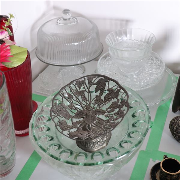 Group Lot: Pressed Glass Tableware and Silver-Tone Compote