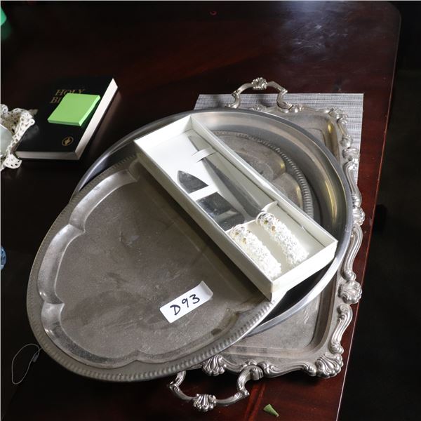 Group of Three Silverplate Serving Trays and Boxed Wedding Cake Knife & Server Set