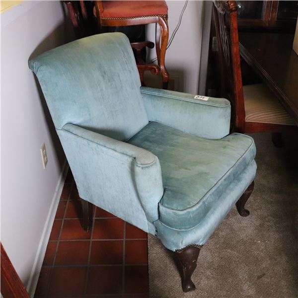 Upholstered Green Velvet-Style Club Armchair with Cabriole Legs, c. 1940s–1970s