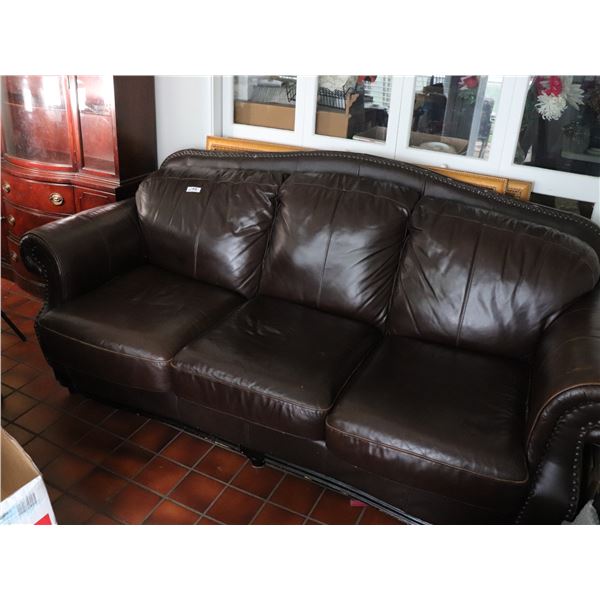 Three-Seat Brown Leather Sofa with Rolled Arms and Nailhead Trim