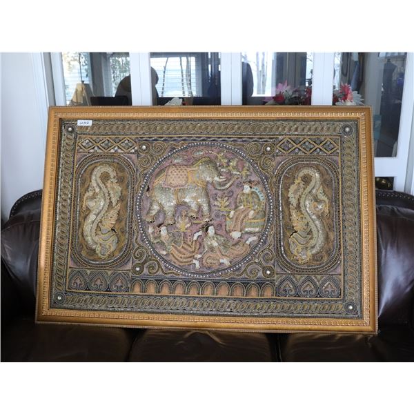 Large Framed Southeast Asian Embroidered Textile Panel (Kalaga/Zardozi Style) with Elephant and Figu