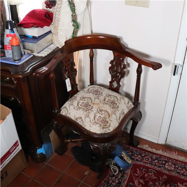 Carved Hardwood Upholstered Corner Chair, Likely Late 19th/Early 20th Century