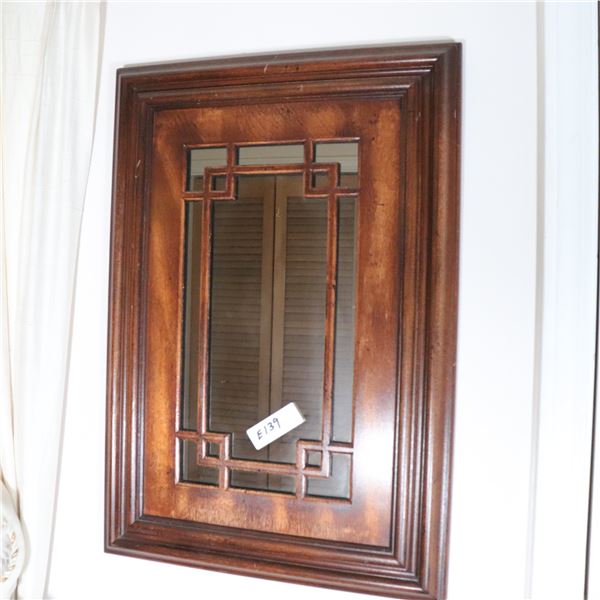 Rectangular Wood-Framed Wall Mirror with Geometric Key Motif, Likely Mid- to Late 20th Century