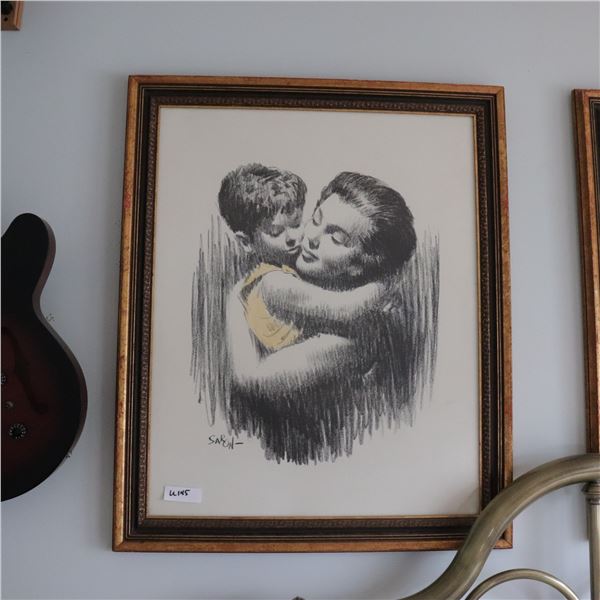 Framed Charcoal Drawing, Woman with Child, Signed “Saron-”