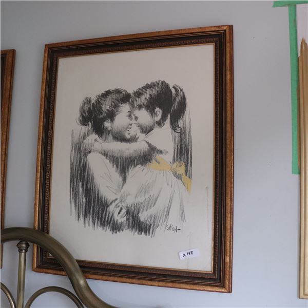 Mother and Child Charcoal Drawing, Signed 'SARON-'