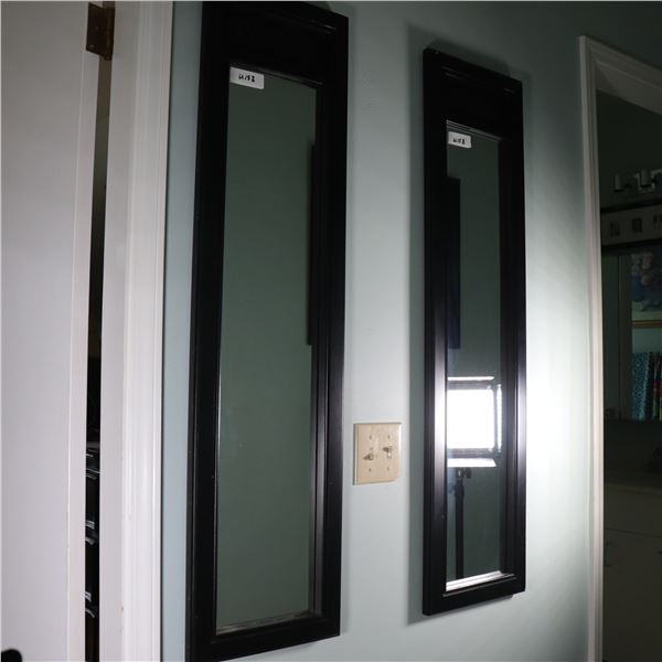 Pair of Modern Tall Rectangular Wall Mirrors with Black Frames and Basketweave Detail