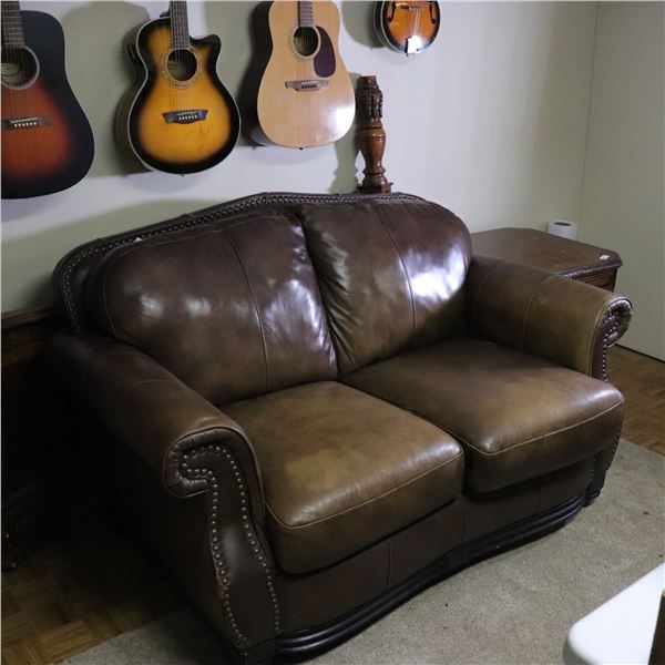 Traditional Rolled-Arm Loveseat with Nailhead Trim, Brown Leather or Leather-Like Upholstery