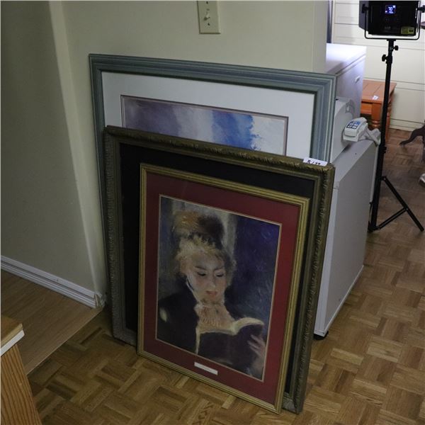 Three Framed Artworks: Abstract, Woman Reading, and Allegorical Print (Damaged)