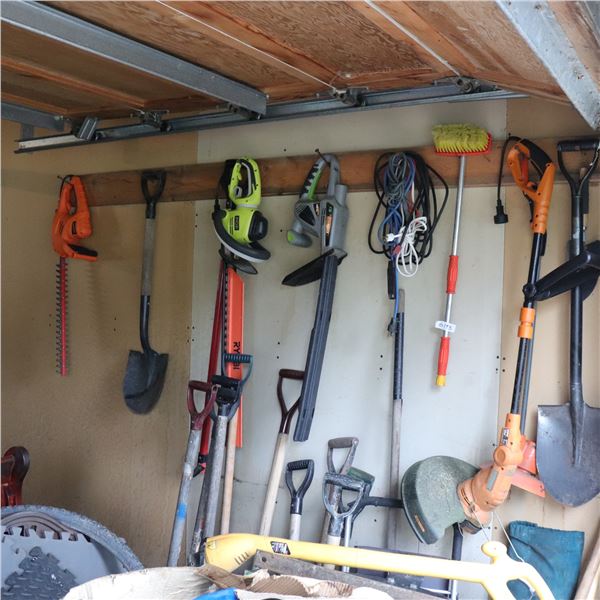 Lot of Assorted Garden and Yard Tools Including Ryobi Hedge Trimmer, String Trimmers, Shovels, and U