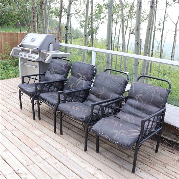 Set of Four Black Metal Outdoor Patio Lounge Chairs with Cushions