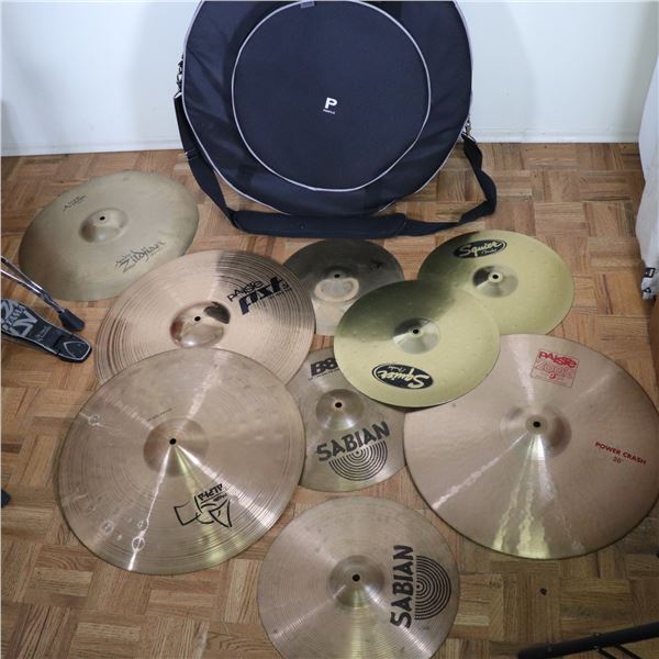 Mixed Lot – Drum Set Cymbals (Zildjian, Paiste, Sabian, Squier) with Carry Bag