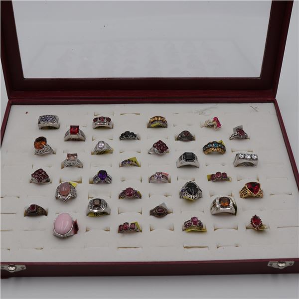 Lot of 32 Costume and Fashion Rings in Display Case