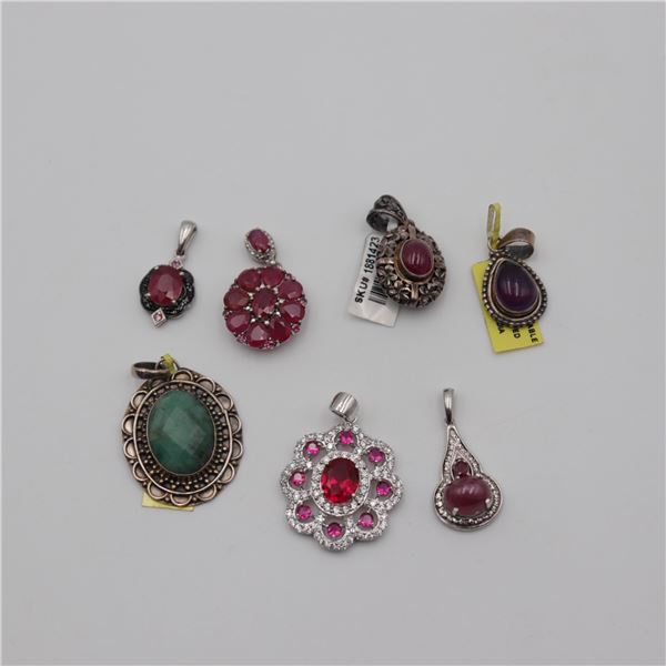 Group of Seven Costume/Fashion Jewelry Pendants with Red and Green Stones