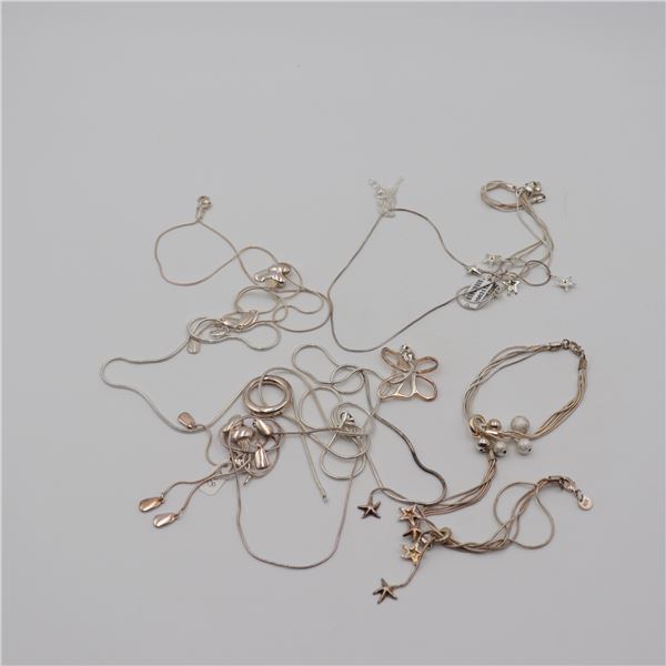 Group of Contemporary Sterling Silver Chain Necklaces and Bracelets with Pendants, Marked .925 (116g
