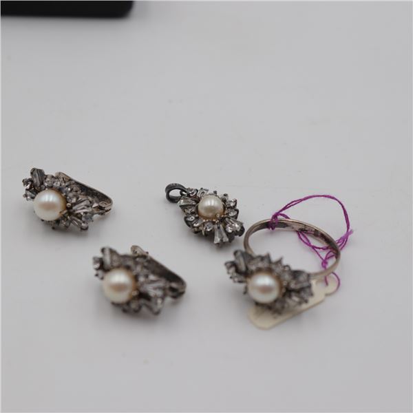 Suite of Four 1950s–1980s Silver & Pearl Cluster Jewellery Pieces