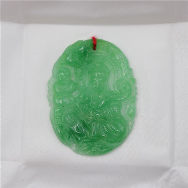Oval Green Hardstone Pendant with Carved Seated Figure