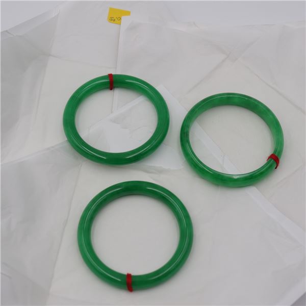 Lot of Three Polished Green Rigid Bangle Bracelets (Unmarked, Glass or Stone, Possibly Jade)