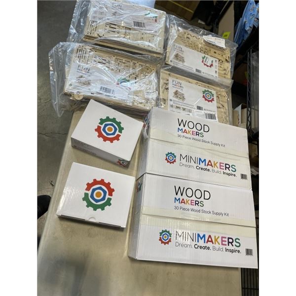 2 NEW 30PC WOOD STOCK SUPPLY KITS, 2 HOT GLUE GUN STANDS W/ 20 STICKS, AND 5 MECHANICAL CITY KITS