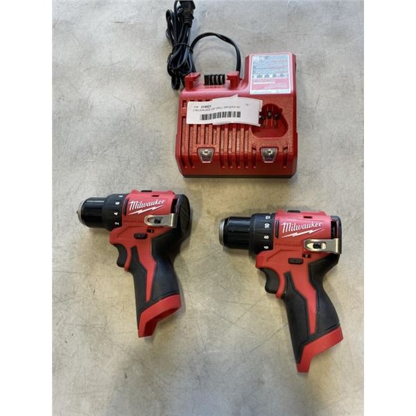 2 MILWAUKEE 3/8" BRUSHLESS DRILL DRIVERS W/ BATTERY CHARGER - WORKING, NO BATTERIES