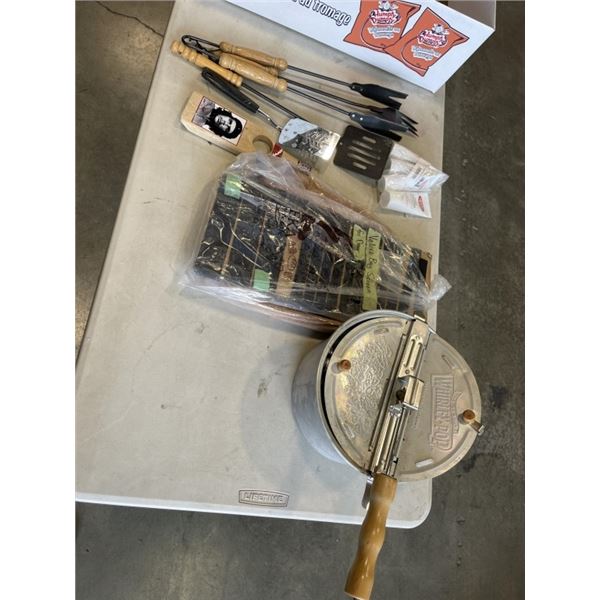 VINTAGE POPCORN POT, BBQ TOOLS, BUG DOOR-SCREEN  AND HAND SANTIZER