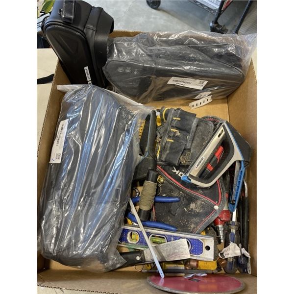 TRAY OF TOOLS AND NEW BIKE SIDE BAGS