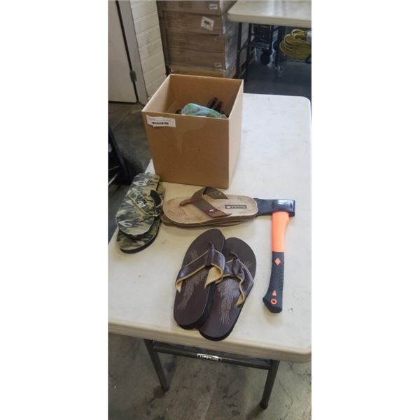 3 PAIRS OF AS NEW FLIP FLOPS, HATCHET AND HAMMOCK