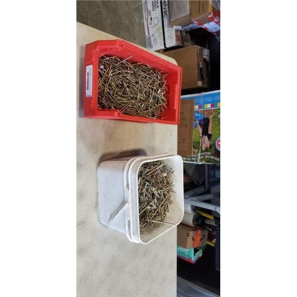 2 PLASTIC CONTAINERS WITH 3" WOOD SCREWS
