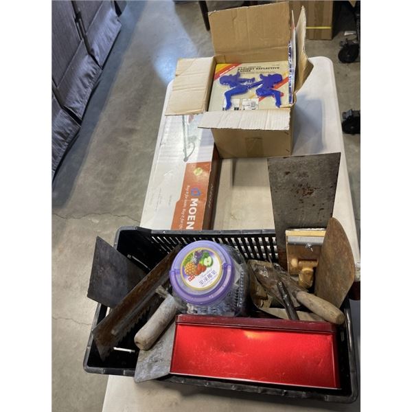 TRAY OF TROWELS, GLASS BATHROOM SHELF, AND CAR REFLECTORS