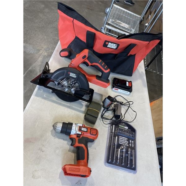 AS NEW BLACK AND DECKER 20C CIRCULAR SAW, DRILL AND ADAPTER BIT SET IN CARRY BAG WITH CHARGER