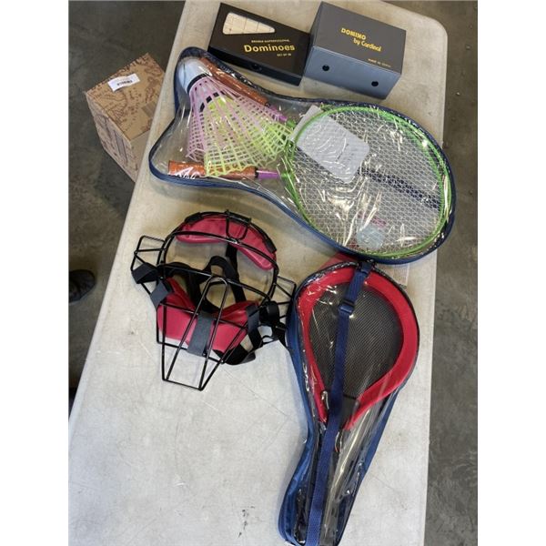 2 NEW BADMINTON SETS, ONE IS LED AND BAT CATCHERS MASK AND 2 DOMINOS SETS