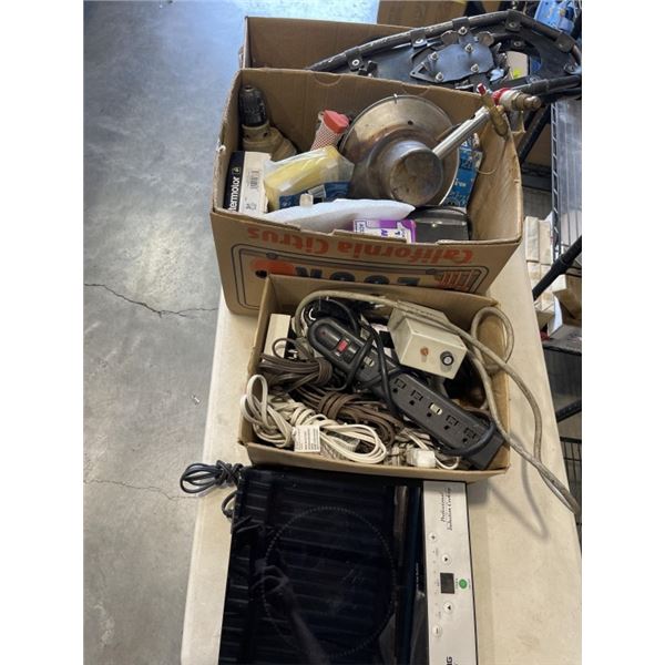 3 BOXES OF POWER CORDS, ELECTRONICS, TOOLS ETC