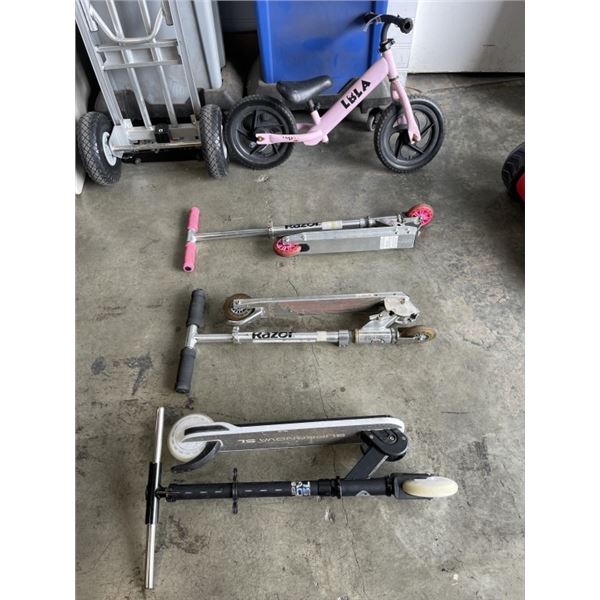 THREE SCOOTERS AND STRIDER BIKE