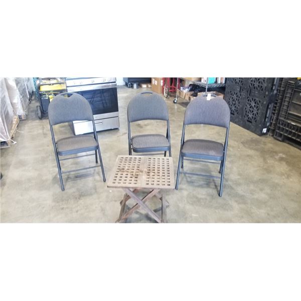 3 FOLDING VHAIRS AND FOLDING WOODEN PATIO TABLE