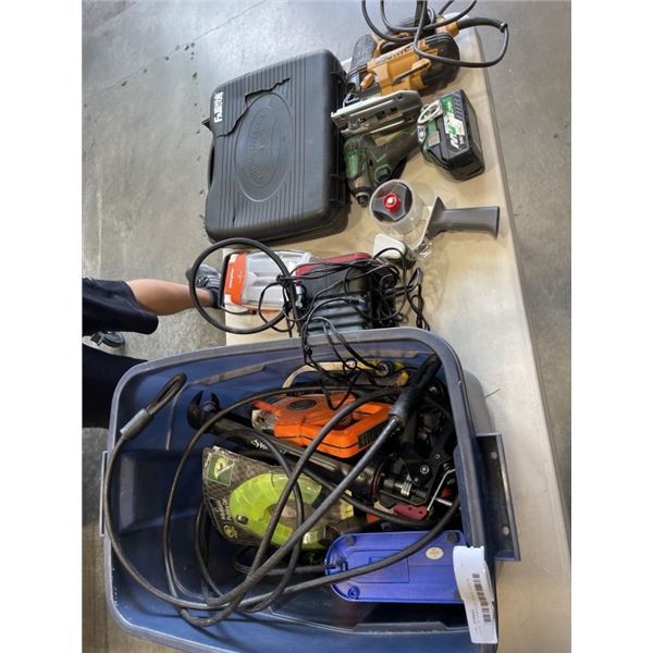 TOTE OF VARIOUS TOOLS, LIGHTS, PORTABLE CAMP STOVE, ETC